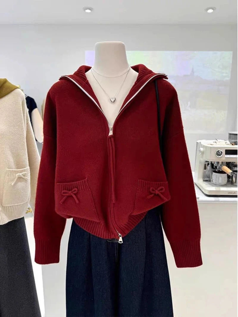 Korean Bow Cardigan Women Lazy Wind Double Zipper Long Sleeve Knitted Jacket Vintage Sweet Casual Preppy Style Tops Coat voguable