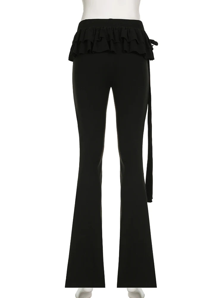 Voguable Black Lace Up Ruffled Skirt Pants Low Waist Women Coquette Y2K Streetwear Wide Leg Trouser Fashion Flare Pants Harajuku voguable