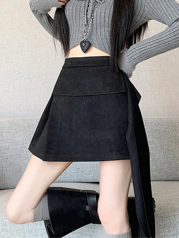 Sexy Slim Faux Suede Skirt Women High Waist Streetwear Vintage Bow Mini Skirts Fall Winter Casual American A Line Skirt New voguable
