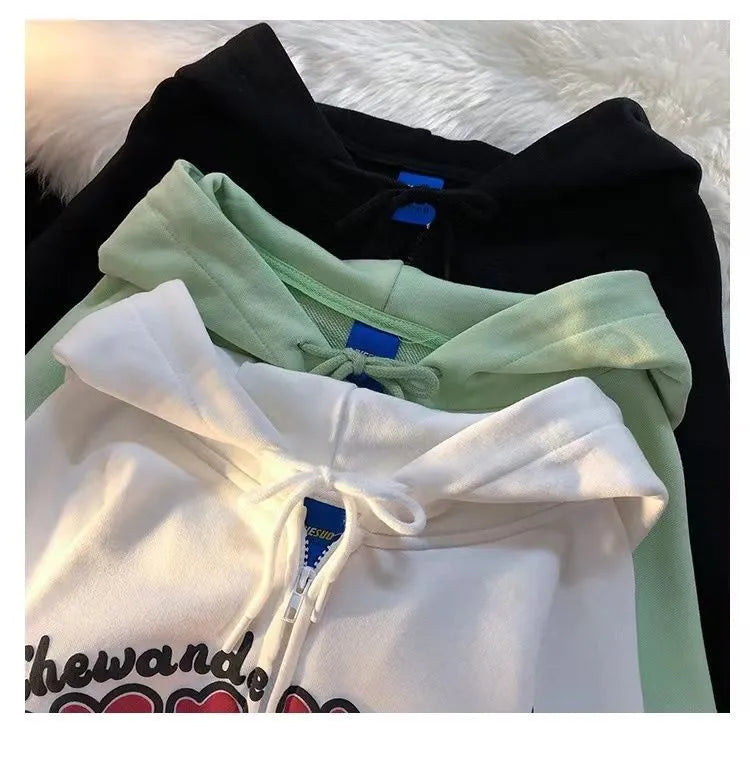 Deeptown American Retro Zip Up Graphic Hoodies Women Streetwear Loose Letter Printed Hooded Sweatshirts Hiphop Thin Top voguable