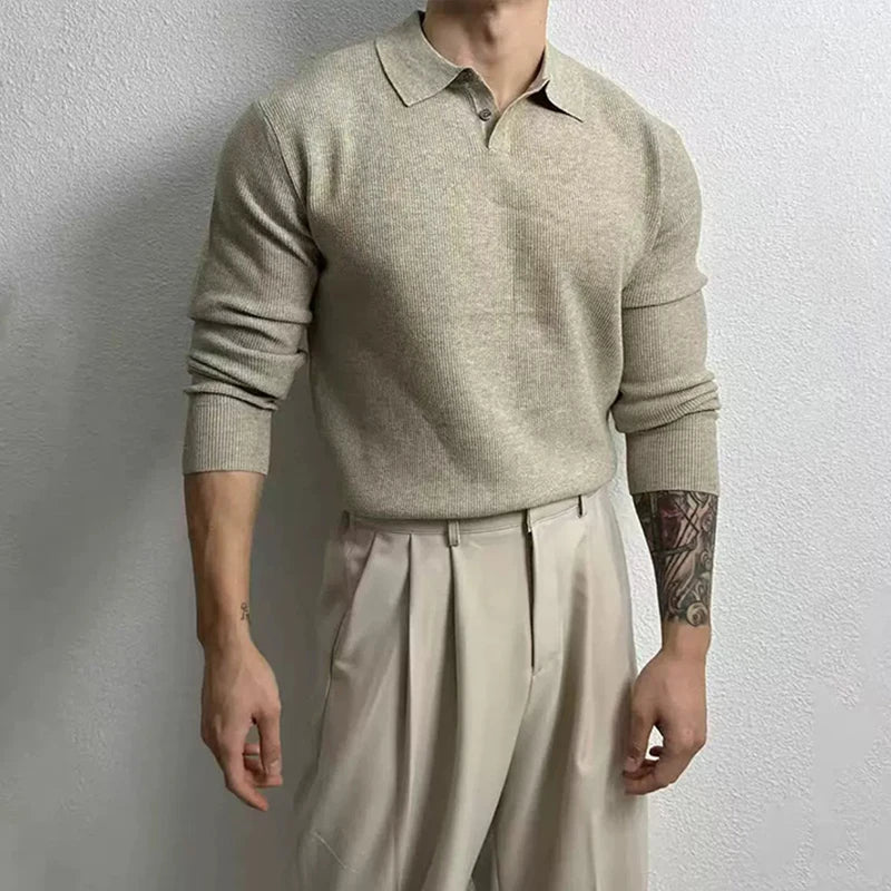 New Korean Fashion Men Polo Sweater Light Luxury Knitted Solid Color Long Sleeve Pullover Premium Quality Skin-friendly Knitwear voguable