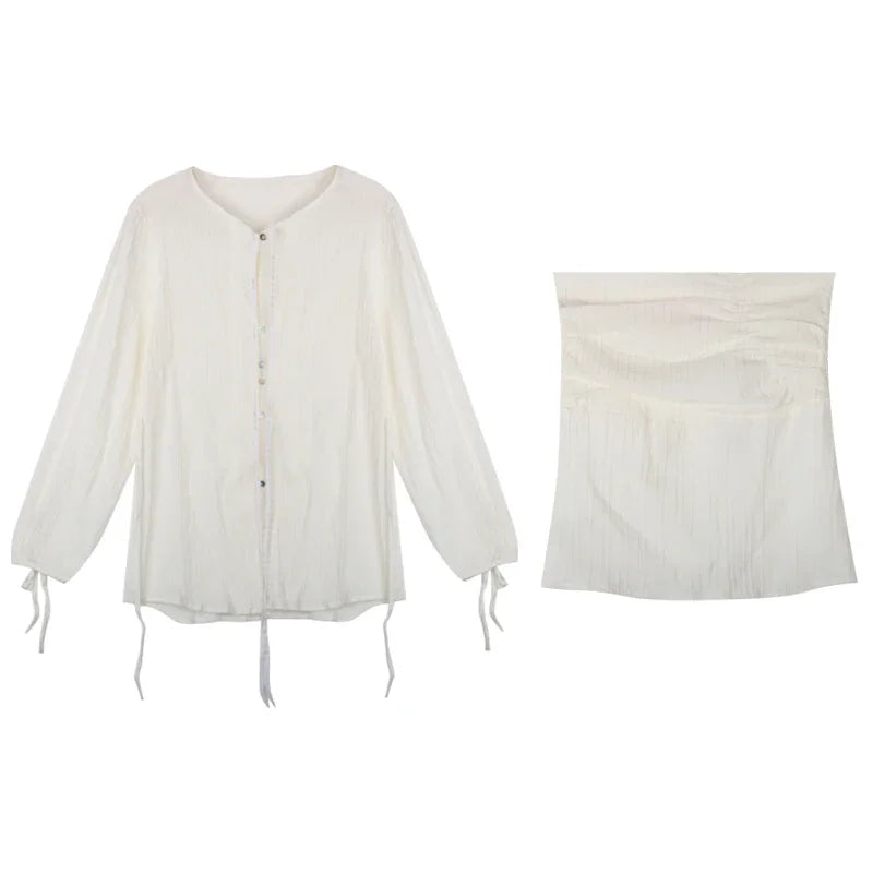 Voguable 2024 Spring New High Street Fashion Sunscreen White Long-sleeved Shirt for Women + Sexy Slim A-line Skirt Two-piece Suit voguable