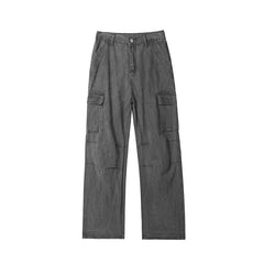 Mens Workwear Cargo Jeans Straight Loose Fit Patchwork Design Denim Pants Casual Outdoor Streetwear Tactical Utility Clothing voguable
