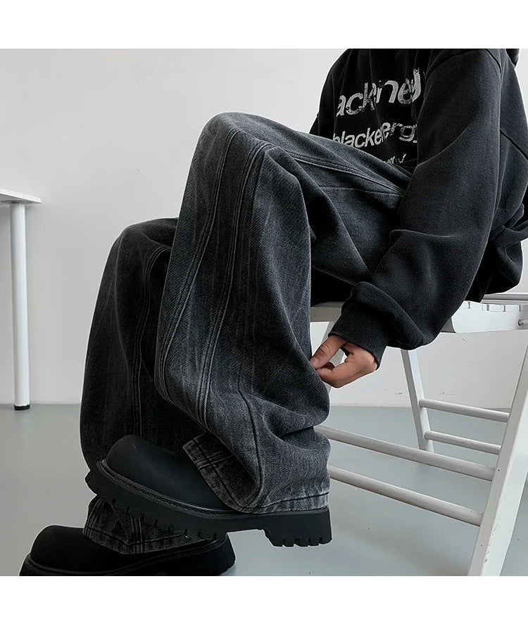 Winter Nostalgic Blue Jeans Men Chic Patchwork Loose Casual Denim Pants Wide Leg Male Straight Mopping Trouser Streetwear voguable