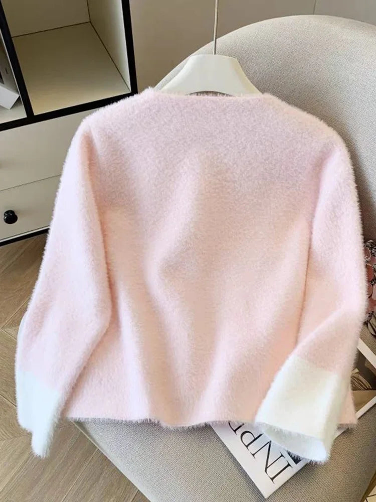 Faux Mink Cashmere Sweet Cardigan Women Long Sleeve O Neck Elegant Knitted Sweaters Korean Fall Winter Fashion Soft Pockets Tops voguable