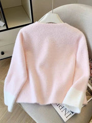 Faux Mink Cashmere Sweet Cardigan Women Long Sleeve O Neck Elegant Knitted Sweaters Korean Fall Winter Fashion Soft Pockets Tops voguable