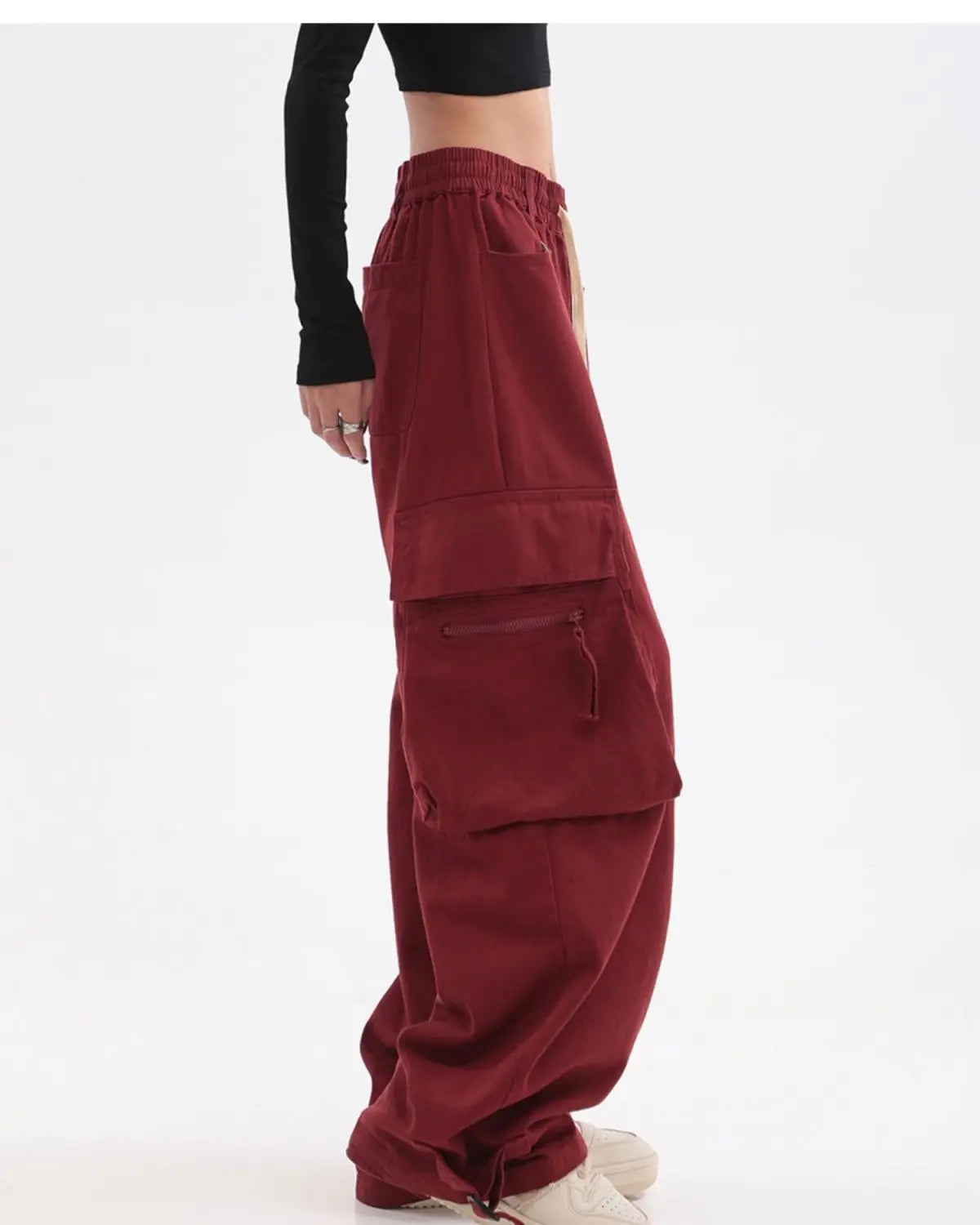 Streetwear Vintage Hip Hop Oversize Red Cargo Pants Women Drawstring Elastic Waist Loose Wide Leg Harajuku Casual Trousers 2023 voguable