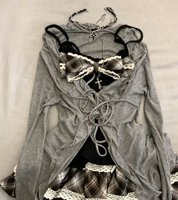 Voguable  Early Autumn Three-Piece Set Breathable V-Neck Checkered  Knot Strap Bell-Cuff Open Cardigan Atmosphere Feeling Clot... voguable