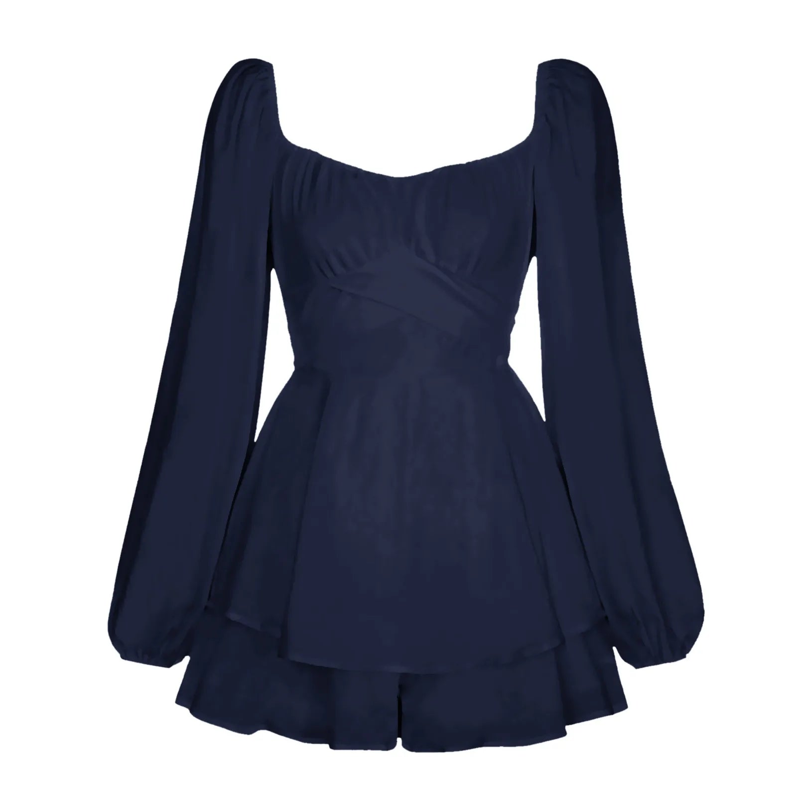 Women's Autumn Ruffled Dresses White Mini Dresses Square Neck Lantern Sleeve Long Sleeve Flounced Edge Casual Dress Female