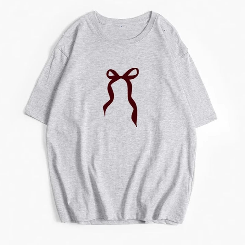 Bow Print Chic White Women T-shirt Cotton 2025 New Round Neck Short Sleeve All-match Tee White Casual Streetwear Female Top voguable