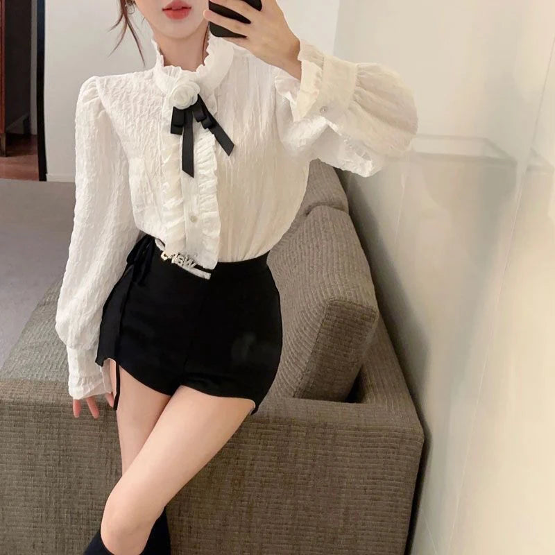 3D Floral Bow Shirt Women Elegant Long Sleeve Retro Korean White Blouse Casual Design Female Vintage Sweet Tops Spring New voguable
