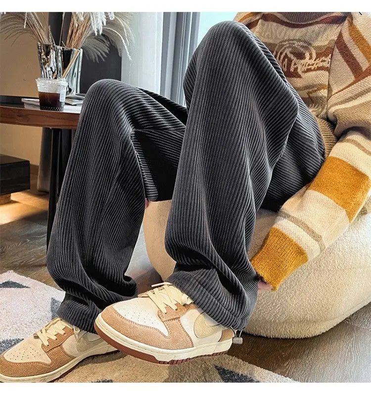 Autumn Corduroy Straight Trousers Men Loose Solid Casual Drape Trousers Harajuku Fashion Drawstring Street Wide Leg Sweatpant voguable