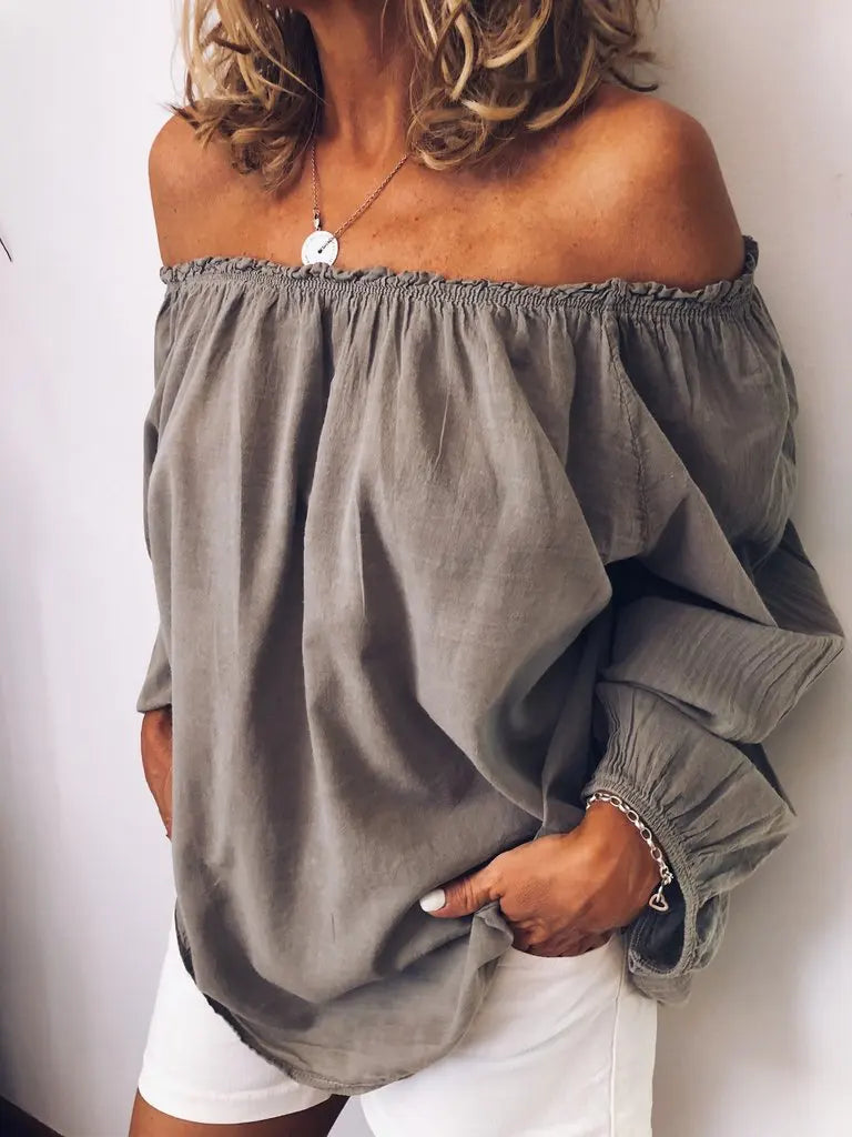 Voguable  Oversized Off Shoulder Casual Slash Neck Pleated Solid Color Long Sleeved Blouse Spring  Lightweight Loose Simple Women's Shirt voguable