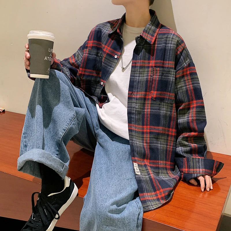 Voguable Harajuku Long Sleeve Plaid Shirts Men Big Size M-5XL Autumn Chic Loose Vintage High Street All-match Gentleman Camisa voguable