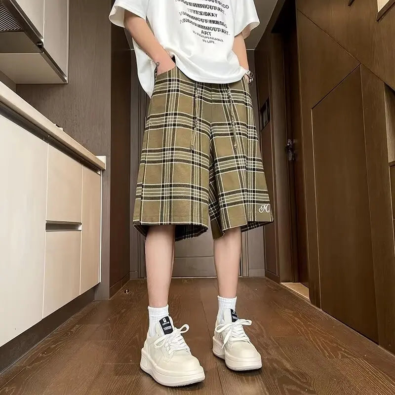Voguable Stylish Plaid Printed Loose Straight Shorts Men 2024 Summer New Original Fashion Five-pointed Pants Free Shipping voguable