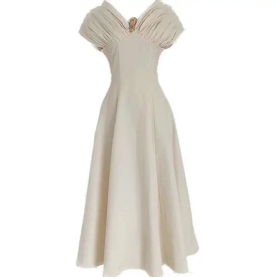 Solid Folds Design Dresses For Women Short Sleeve High Waist V Neck Elegant Long Dress Female Autumn 2025 New voguable