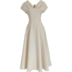 Solid Folds Design Dresses For Women Short Sleeve High Waist V Neck Elegant Long Dress Female Autumn 2025 New voguable