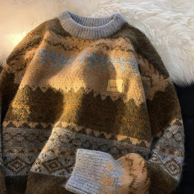 Vintage Boho Floral Striped Sweater Women Warm Winter Long Sleeve Tops Men Hip Hop Couples Teens Pullover Korean Fashion Clothes