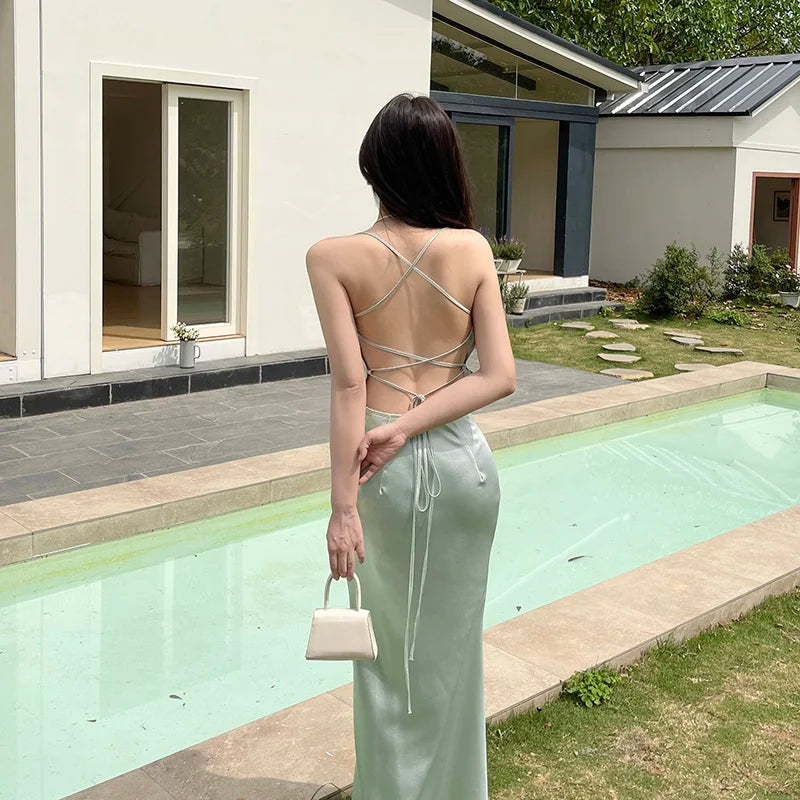 French Elegant Satin Camis Dress Summer Sexy Backless Spaghetti Straps Midi Dress Y2K Solid Sleeveless Party Night Vestidos voguable