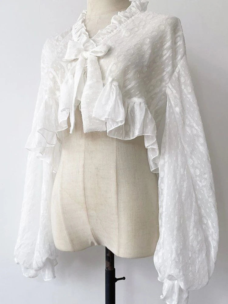 Lolita Sweet Sun Proof Shirt Women Cute Bow Lantern Sleeve Cropped Blouse Japan Kawaii Casual Elegant Jk Open Stitch Tops voguable