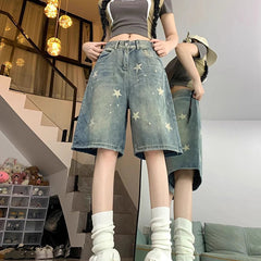 Y2K Star Printed Denim Shorts Women Fashion High Waist Wash Knee Length Jeans Bf Summer Streetwear Loose Wide Leg Pants voguable