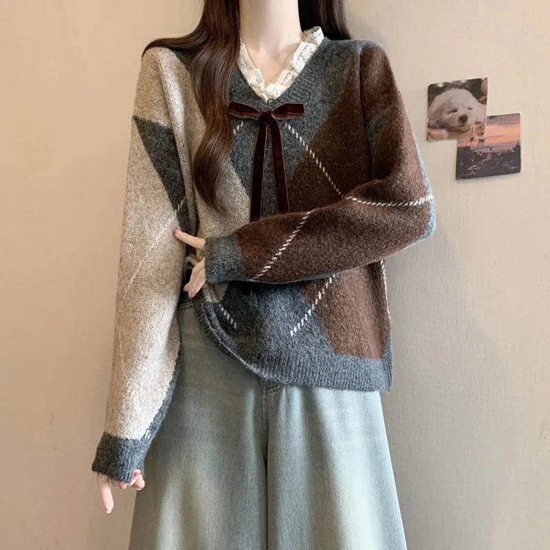 Sweet Bow Argyle Sweaters Women Retro Preppy Style Loose Knitted Pullover Lace Patchwork Long Sleeve Female Vintage Jumpers Fall voguable
