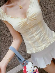 Voguable  Yellow Sweet Folds Blouse Casual Single Top Women Breasted Ruffle Sleeveless Tank Cute Casual Tops Vest Preppy Style Camis Y2K voguable