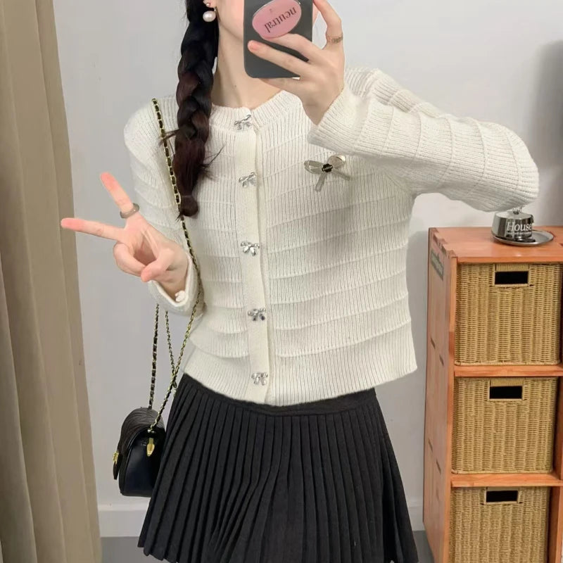 Ribbon Button Up Knit Cardigan Sweater for Women Long Sleeve Button Front Sweater Jacket Teen-girl Y2K Cute Outfit voguable