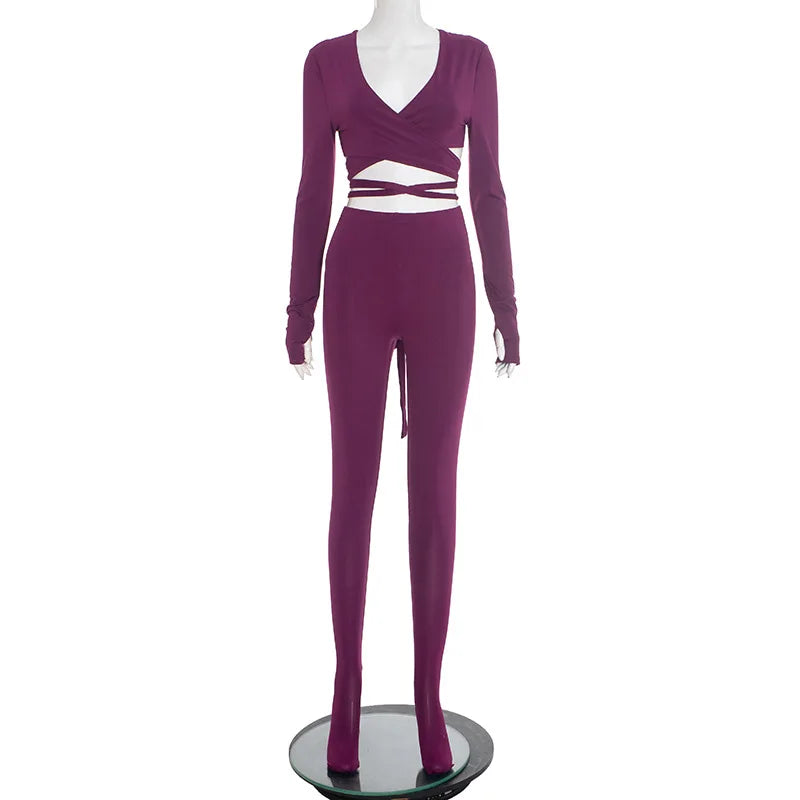 Voguable  Sexy V-Neck Women Two Piece Pants Sets Fashion Long Sleeve Drawstring Bandage Cropped Top and Leggings Pantyhose Outfits voguable