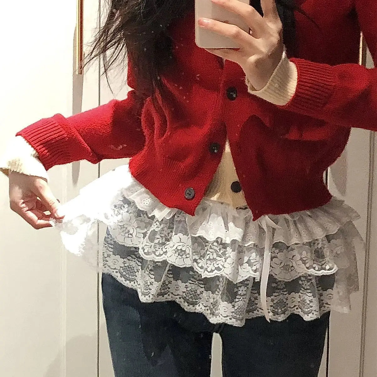 Voguable  Ballet Korea Chic Women Fart Curtain Heavy Lace Up French Style Slim Skirts Gentle Short Fungus Sweet All-match Skirts voguable