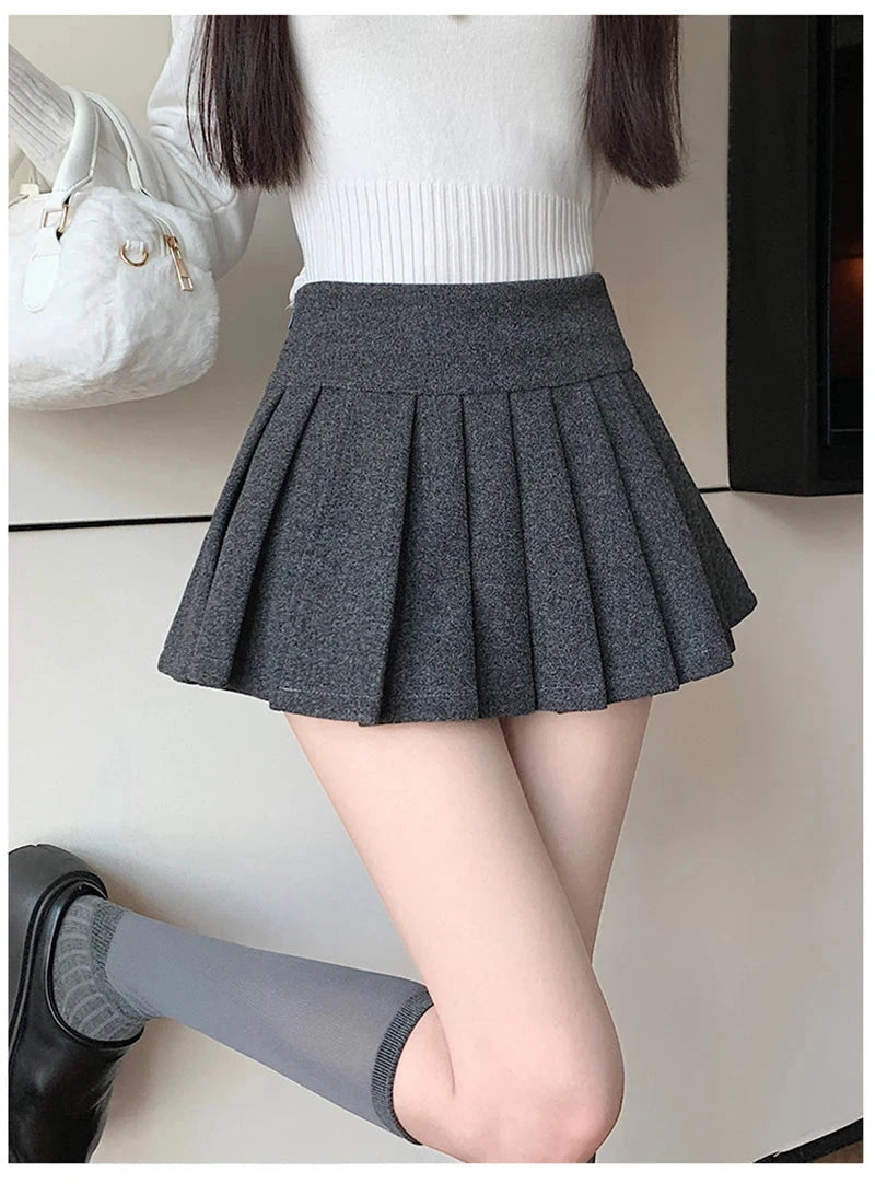 Retro Faux Woolen Pleated Skirt Women Sweet Slim Sexy Mini A Line Skirts Preppy Style High Waist Fall Winter Korean Skirt voguable