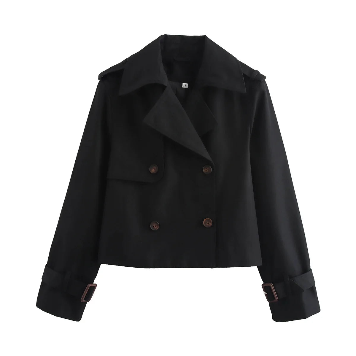 New Autumn Women Solid Cropped Trench Coat Vintage Double Breasted Long Sleeve Short Jacket Lapel Collar Windbreaker
