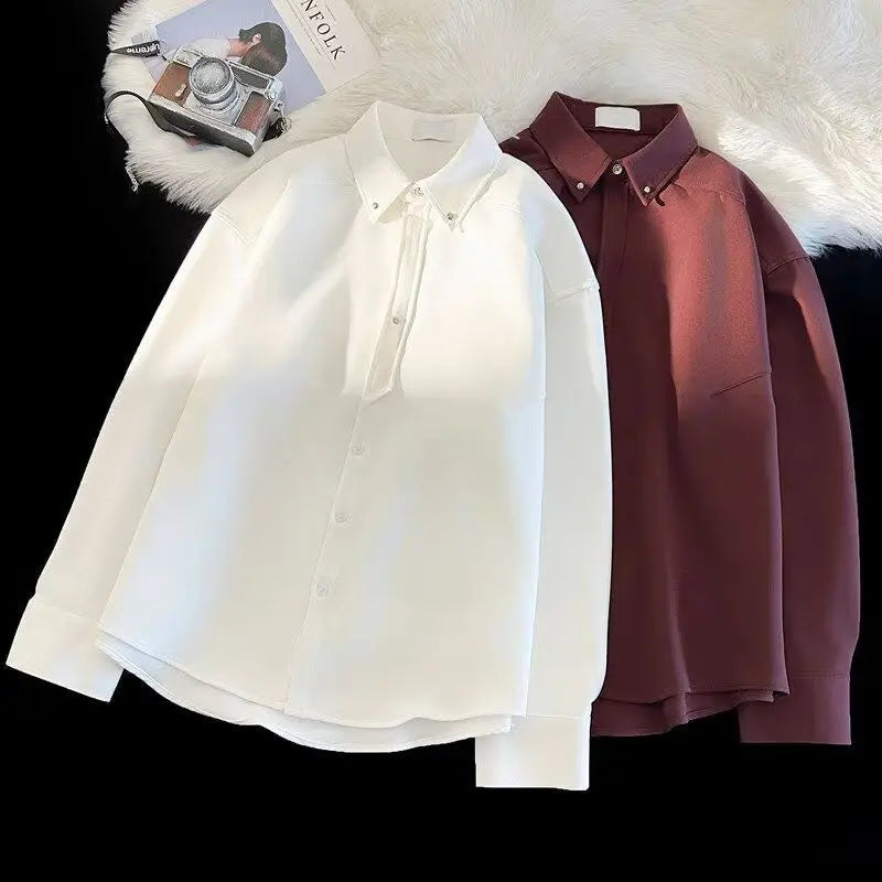 Voguable  White & Burgundy Lapel Shirt, Loose Fit Daily Office Men's Clothing Versatile Basic Top Long Sleeve Men's Shirts voguable
