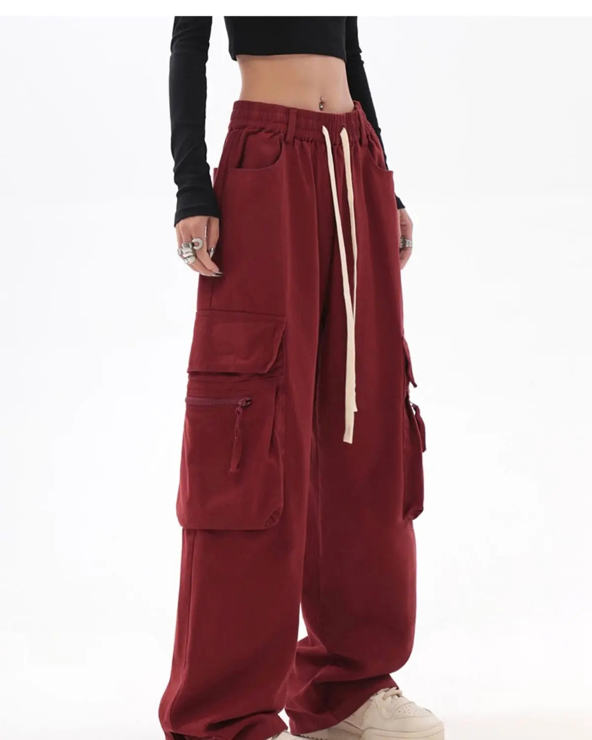 Streetwear Vintage Hip Hop Oversize Red Cargo Pants Women Drawstring Elastic Waist Loose Wide Leg Harajuku Casual Trousers 2023 voguable