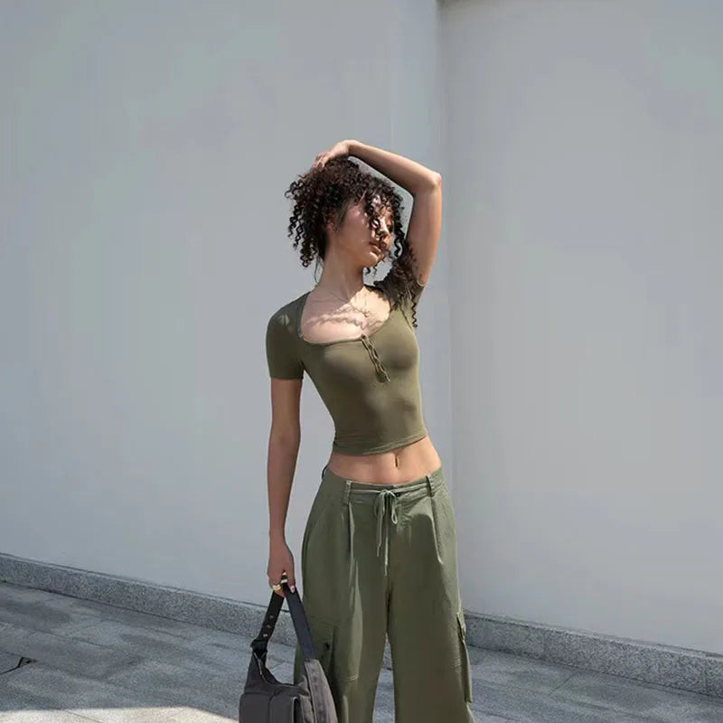Y2K Sexy V Neck Crop Top Women Low Cut Skinny Button Up Cropped T Shirts Summer Fashion Streetwear Solid Short Sleeve Tees voguable
