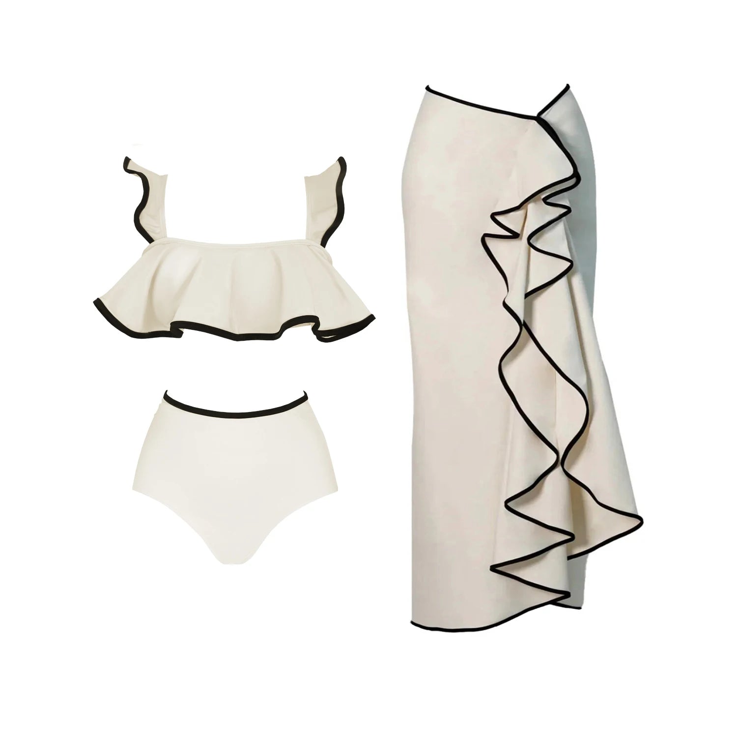 3 Pieces Sexy Bikini Set Black White Bikinis Women Swimsuit Female Elegant Swimwear Long Skirt Bathing Suit Beachwear Cover Up voguable