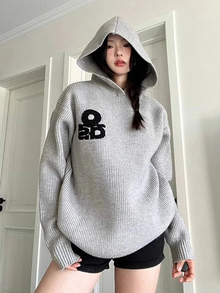 Vintage Gray Hooded Sweaters Women Lazy Wind Long Sleeve Loose Letter Knitted Jumper Casual American Retro Fall Pullovers voguable