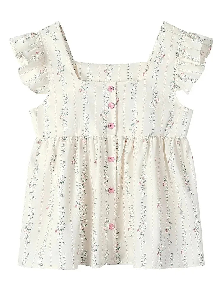 Floral Vintage Sweet Tanks Women Elegant Slim Flying Sleeve Casual Tanks Tops French Retro Square Collar Female Summer Tops voguable