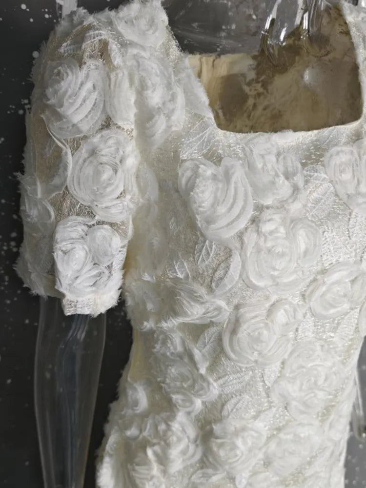 Sleeveless Fashion Women Dress Square Collar 3D Flowers Solid Color Zipper Female Party Dress New Tide voguable