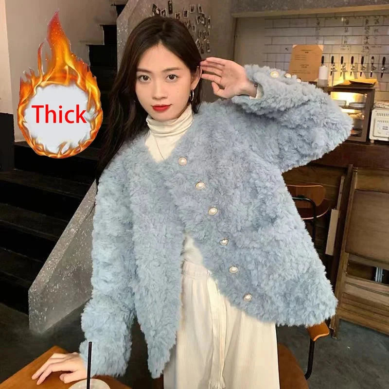 Women Sweet Cute Faux Lamb Coat Winter Warm Thick Slim Long Sleeve Vintage Jacket Korean O Neck Elegant Pearls Buttons Tops New voguable