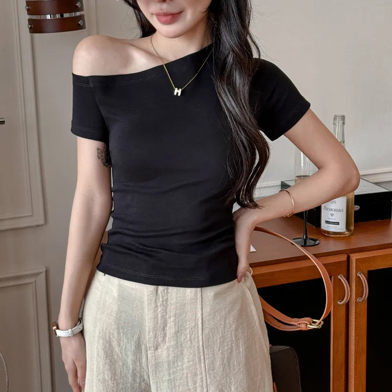 Solid Off Shoulder Short Sleeve T Shirt Simple Basic Sexy Single Sleeved Jumper Top Streetwear Slim Fit Female Y2K Clothes Tees voguable