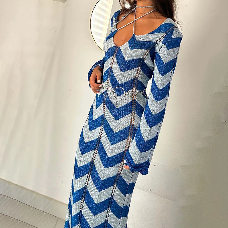 TARUXY Autumn New Lace Up Hollow Sexy Beach Cover Up Dress Women's  Stripled Long Sleeve Slim Elegant Knitted Maxi Dress V Neck voguable