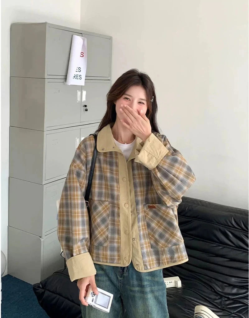 Vintage Plaid Cargo Jacket Women Retro Double Sided Wear Preppy Style Sweet Coat Korean Fall Winter Long Sleeve Pockets Top voguable