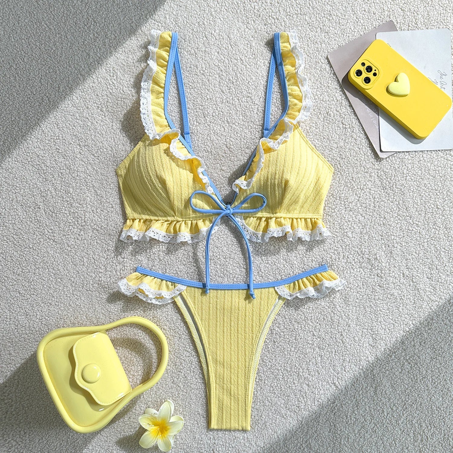 Voguable  Women Solid Ribbed Textured Bikini Set with White Lace Ruffle Trim Lace-up Straps Tie Front 2 Piece Swimwear Outfit Bathing Suit voguable