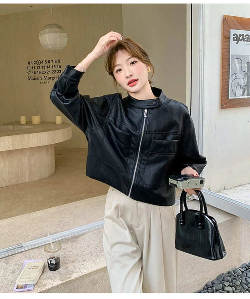 Sweet Biker Pu Jacket Women Vintage Preppy Style Big Pockets Short Coat Casual Korean Long Sleeve Retro O Neck Cute Tops voguable