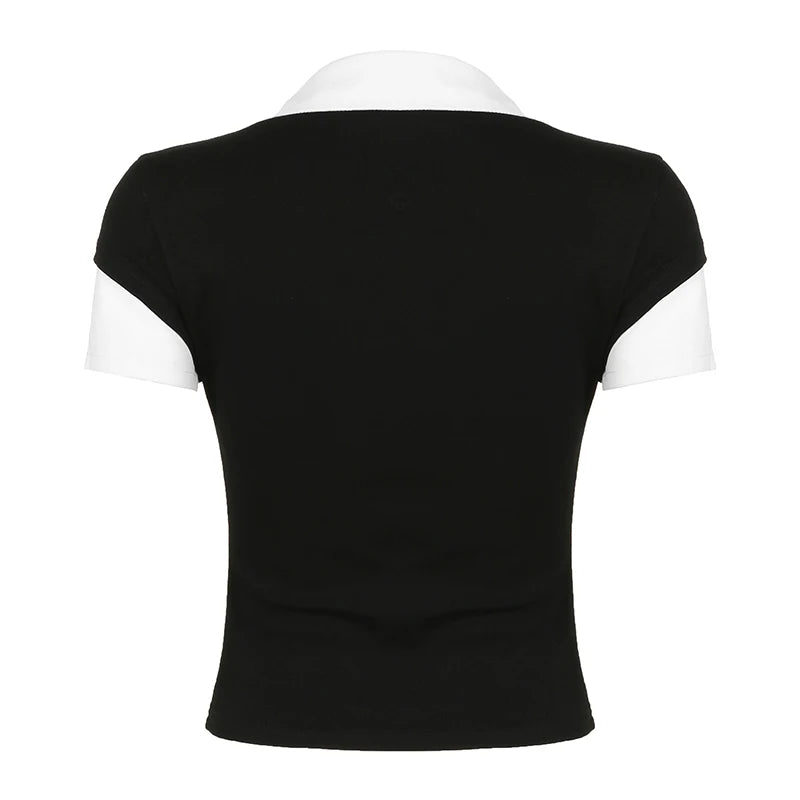 Voguable Korean Style Contrast Patchwork Top Women's Summer Preppy Style Slim-fitting Turn-down Short Sleeve T-shirts Streetwear voguable