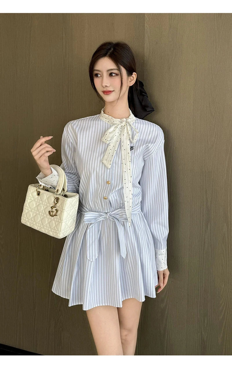 Korean Bow Striped Shirt Dress Women Casual Long Sleeve Elegant Sweet Mini Dress Vintage Patchwork Dot Female Design Dress voguable