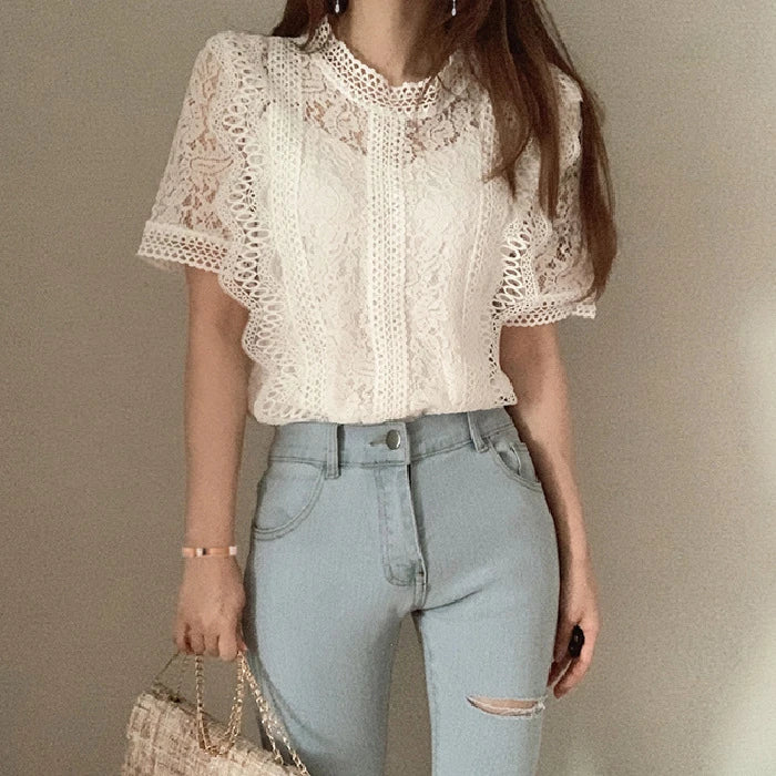Voguable  Elegant Hollow Out Lace Shirt Woman Summer Sheer O-Neck Short Sleeve T-shirt Women Loose Crochet Flower Sun Shirts Ladies Tops voguable