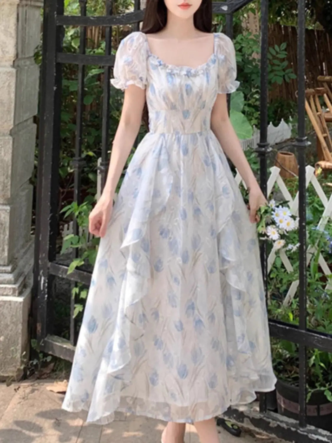 Voguable  Summer French Style Floral Printed Dress Slim Casual Long Chiffon Dress Short Sleeve Women Vacation Fairy Dress voguable