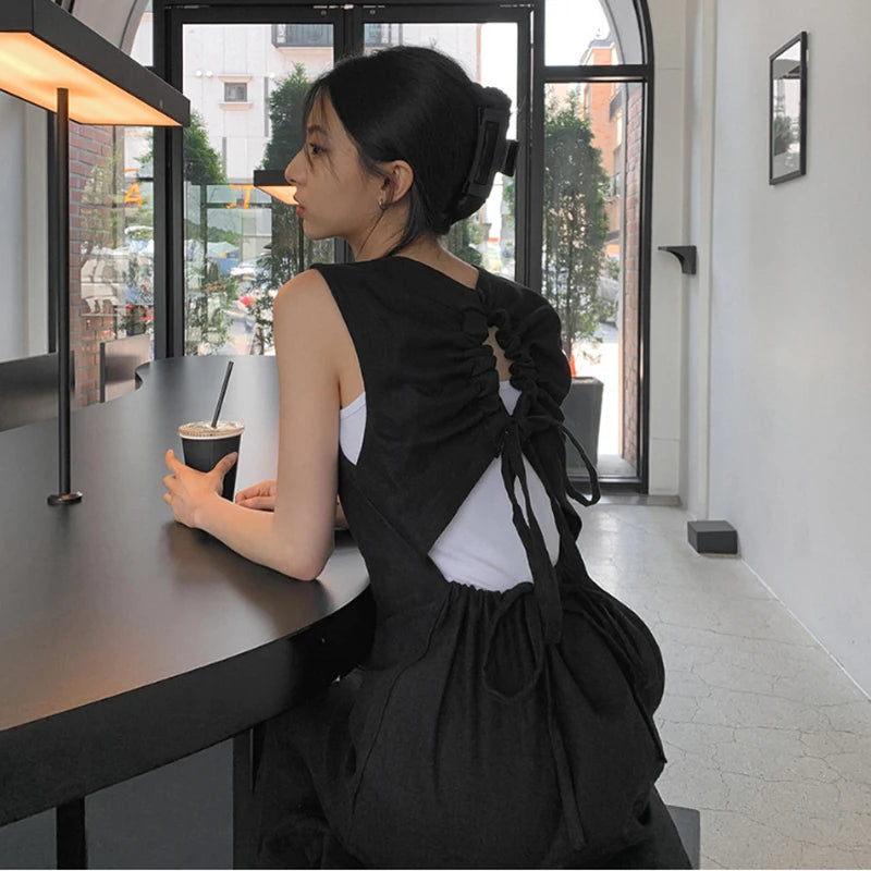 Hollow Out Dress Women Elegant Solid Sleeveless A Line Midi Dresses Summer Korean Drawstring Backless Sundress Vestidos voguable